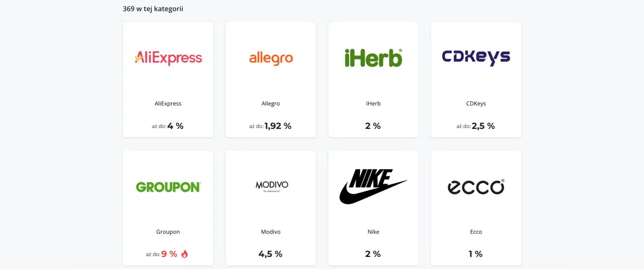 Stawki cashbacku w Bonusway: AliExpress 4%, Allegro 1,92%, iHerb 2%, Groupon 9%