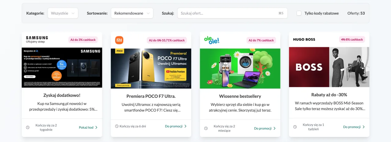 Oferty z cashbackiem w Refunder: Samsung 3%, POCO, ole ole!, HUGO BOSS