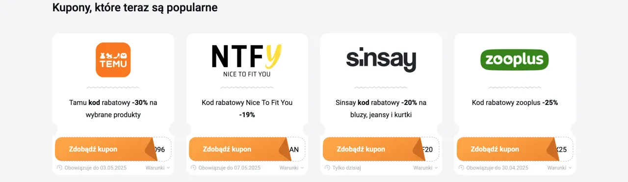 Popularne kupony rabatowe w Tipli: Temu, Nice To Fit You, sinsay, zooplus