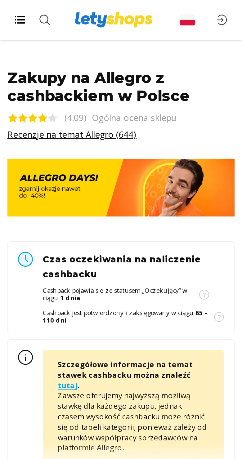 Strona sklepu Allegro w LetyShops otwarta w przeglądarce telefonu