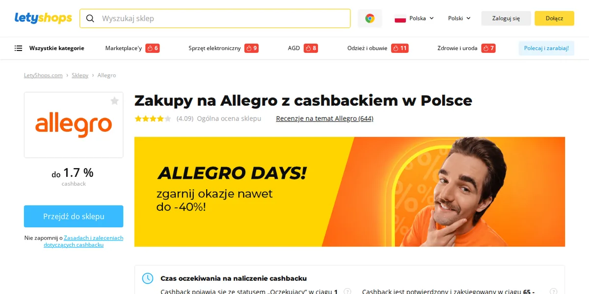 Strona sklepu Allegro w serwisie LetyShops na komputerze: stawka cashbacku, terminy naliczenia i przycisk przejścia do sklepu