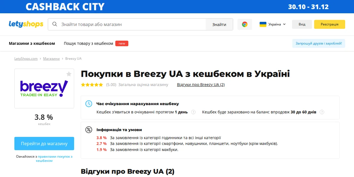 Сторінка магазину Breezy UA в LetyShops: ставка ��ешбеку, строки нарахування, кнопка переходу до магазину та умови за категоріями